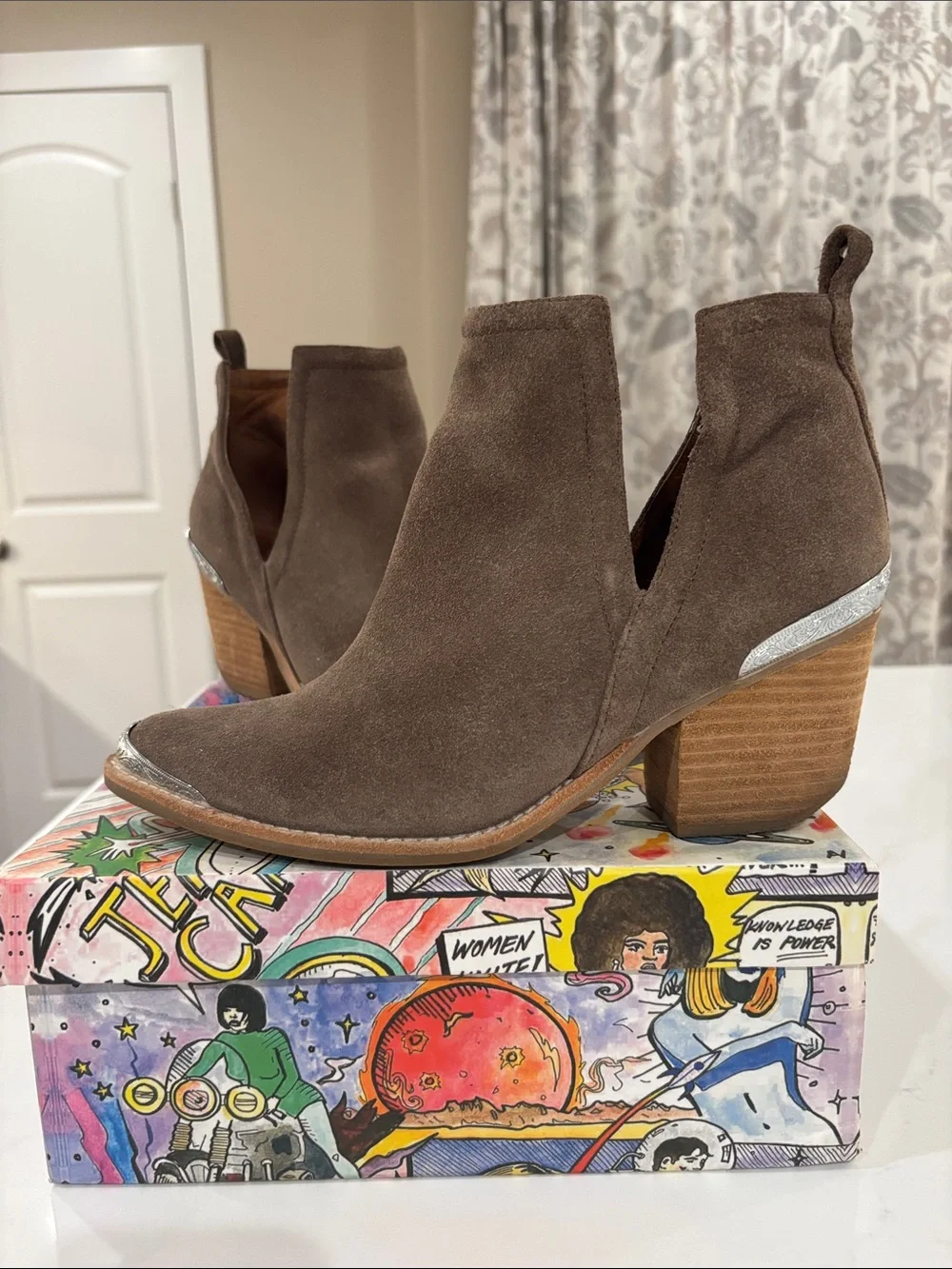 Jeffrey Campbell Brown Suede Ankle Booties with Silver Trim